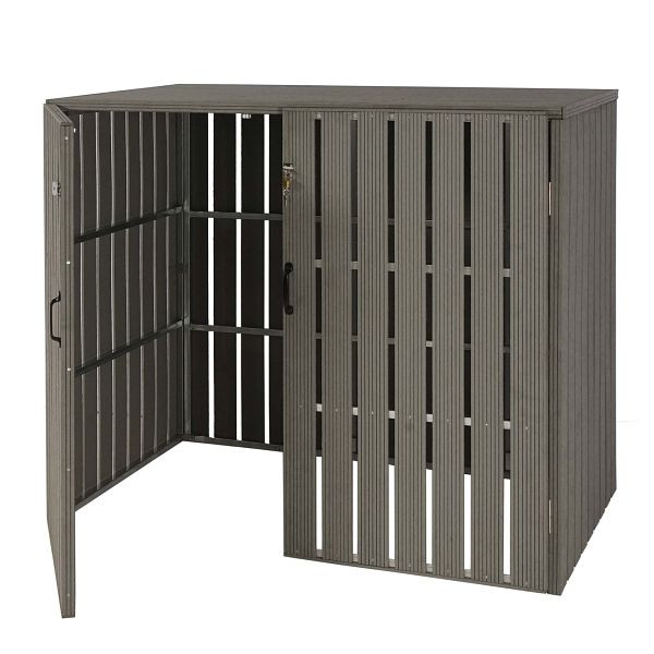 Mendler 2er WPC-Mülltonnenverkleidung HWC-J28, Mülltonnenbox, Metall Holzoptik, erweiterbar 2x240l, grau, 75965+75966