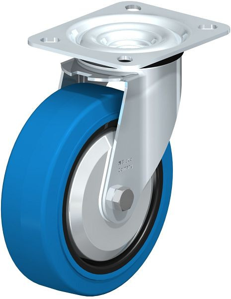 Blickle LE-POEV 125R-SB-FA Stahlblech-Lenkrolle mit Anschraubplatte, Elastik-Vollgummi, Blau, 525543