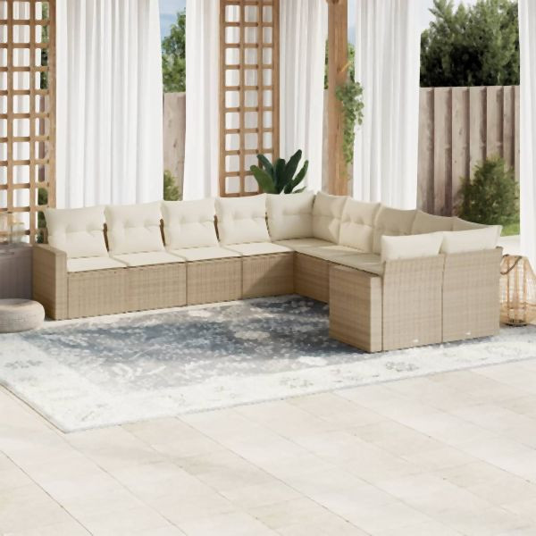 vidaXL 10-tlg. Garten-Sofagarnitur mit Kissen Beige Poly Rattan, 3251845