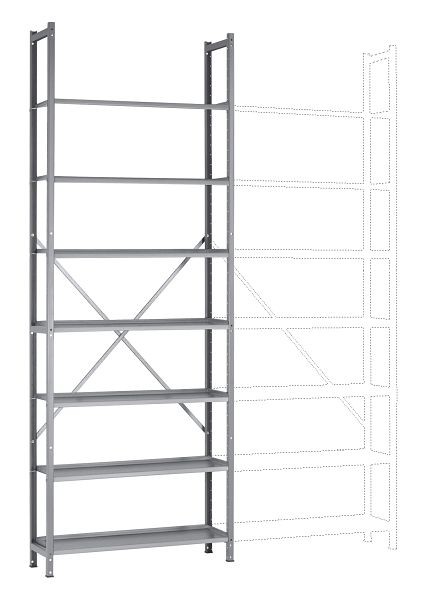 Manuflex Büro-Steck-Grundregal mit 7 pulverbeschichteten Stahlböden, HxBxT = 2600 x 960 x 300 mm, alusilber, RA3171.9006
