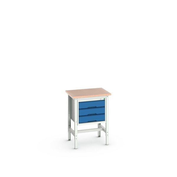 bott verso Werkbank (Multiplex-Platte) mit Querstrebenset und 3 Schubladen, BxTxH: 700 x 600 x 780 - 930 mm, Lichtgrau / Enzianblau, 16921602.11