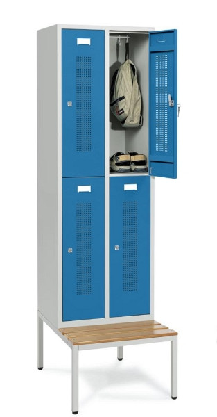 Deskin Doppelstöckiger Spind mit Sitzbank, Lichtblau RAL 5012, 590 x 800 x 2050 mm, 4 Abteile, Korpus: Lichtgrau RAL 7035, 331492