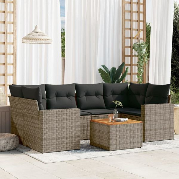 vidaXL 7-teilig Garten-Sofagarnitur mit Kissen Grau Poly Rattan, 3256354