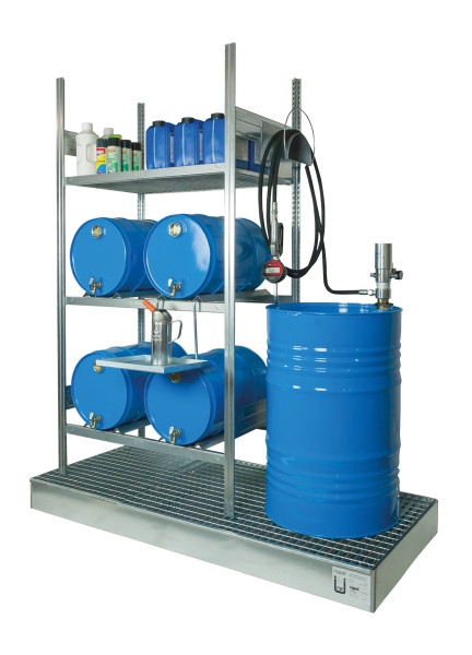 Rapid Abfüllplatz mit Auffangwanne für 4x 60 l + 1x 200 l, inkl. pneumatischer Ölpumpe und digitaler Handdurchlaufzähler, 25 075