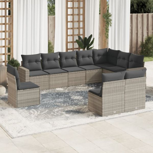 vidaXL 10-tlg. Garten-Sofagarnitur mit Kissen Hellgrau Poly Rattan, 3219102