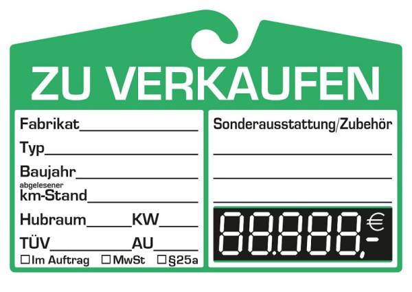 Eichner Verkaufsschild zur Befestigung am Innenspiegel, Grün, Preisfeld: digital, VE: 25 Stück, 9220-00101