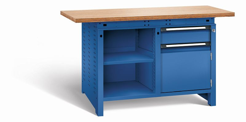 Otto Kind Werkbank Serie function Typ 211, Multiplexplatte 40 mm, überstehend, 2x Unterbau, komplett RAL 5010, 072341213