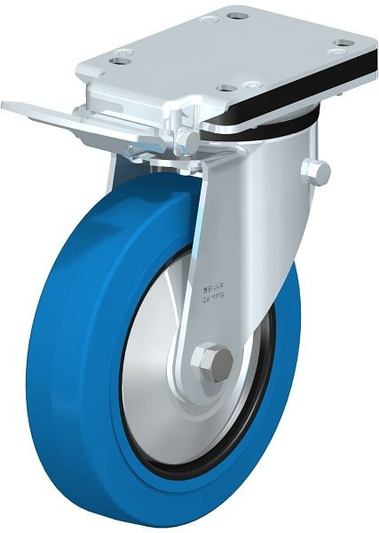 Blickle LK-POEV 200R-IS-SB-FA Stahlblech-Lenkrolle, mittelschwere Ausführung, mit Anschraubplatte & Feststeller, Elastik-Vollgummi, Blau, 750400