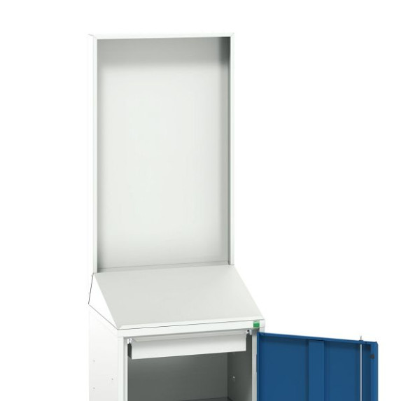 bott verso Economy Pult mit glatter Rückwand, mit 1 Fachboden, 1 Schublade, BxTxH: 525 x 550 x 2000 mm, Lichtgrau / Enzianblau, 16929026.11