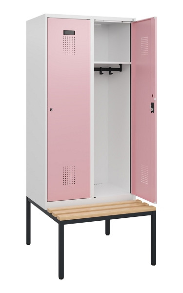 C+P Spind Evolo PLUS, 2 Abteile, 1950x800x815mm, 9016/3015, Zylinderschloss, Sitzfläche Buche-Hartholz, Sitzbank, 0490505-22 S10045