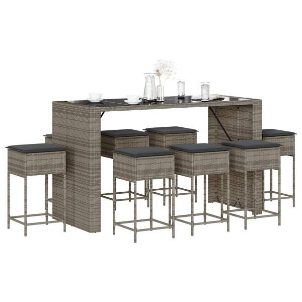 vidaXL 9-tlg. Gartenbar-Set mit Kissen Grau Poly Rattan, 3261514