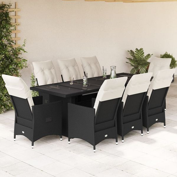 vidaXL 9-teilig Garten-Bistro-Set mit Kissen Schwarz Poly Rattan, 3277234