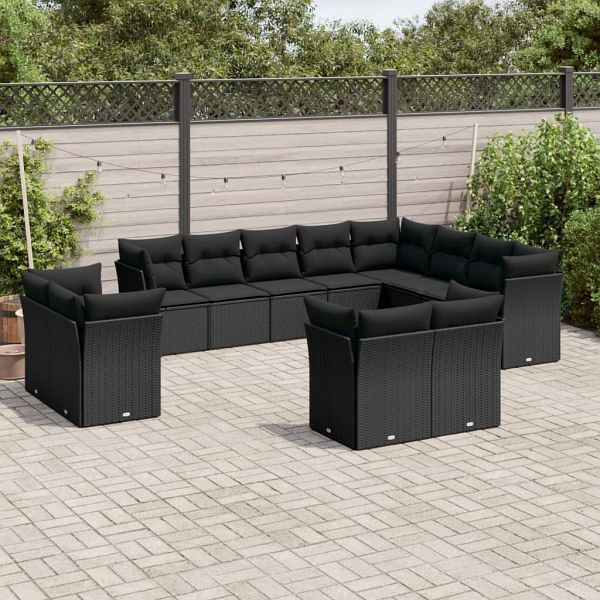 vidaXL 12-tlg. Garten-Sofagarnitur mit Kissen Schwarz Poly Rattan, 3250364