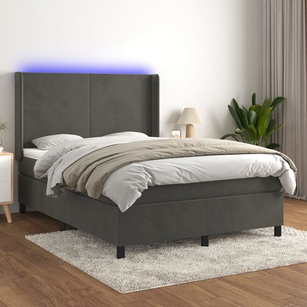vidaXL Boxspringbett mit Matratze & LED Dunkelgrau 140x200 cm Samt, 3139446