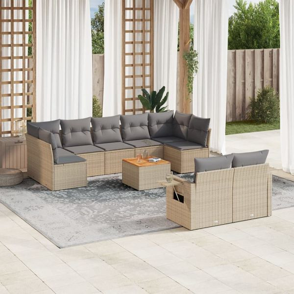 vidaXL 10-teilig Garten-Sofagarnitur mit Kissen Beige Poly Rattan, 3224715