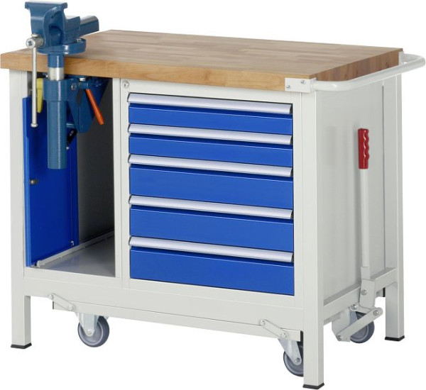 RAU Absenkbare Werkbank 8000 - Modell 8187, B1000 x T700 x H880 mm, 5 x Schublade-Größe-L 2xH90, 3xH120 mm, 05-8187A2-107B4F.11