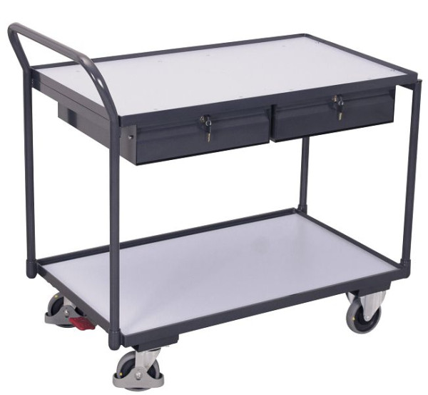 VARIOfit ESD Tischwagen mit 2 Ladeflächen und 2 Schubladen, Außenmaße: 1.125 x 625 x 1.010 mm, RAL 7024 graphitgrau elektrisch, sw-600.959