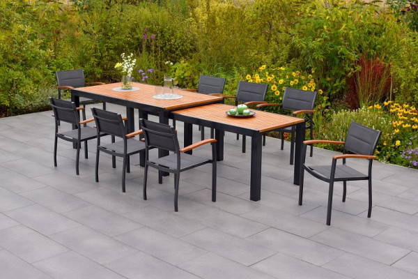 Merxx Paxos Set 9-teilig, 8 Stapelsessel, 1 Flex Ausziehtisch 180 (300) x 100 cm, Aluminium mit FSC Akazienholz, 50641-307