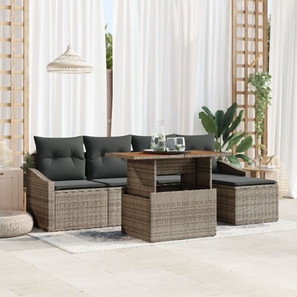 vidaXL 6-teiliges Garten-Sofa-Set mit Polstern Grau Poly-Rattan, 3358561