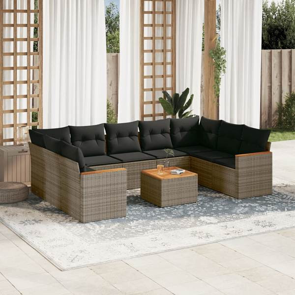 vidaXL 10-tlg. Garten-Sofagarnitur mit Kissen Grau Poly Rattan, UV-beständig, 3226284