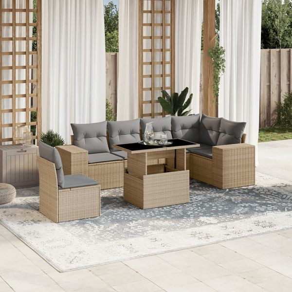 vidaXL 7-teilig Garten-Sofagarnitur mit Kissen Beige Poly Rattan, 3269199