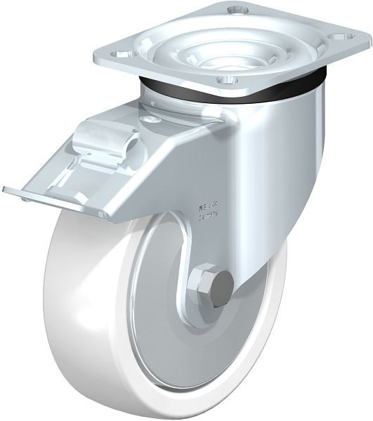 Blickle LK-SPO 125G-1-FI-FA Stahlblech-Lenkrolle, schwere Ausführung, mit Anschraubplatte & Feststeller, Polyamid, Weiß, 750498