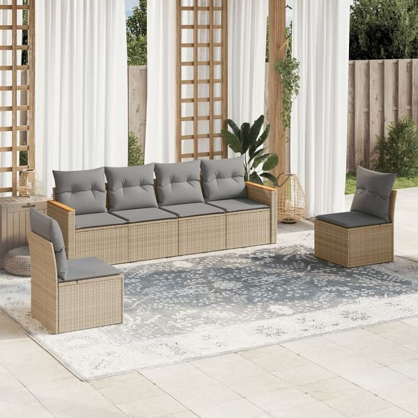 vidaXL 6-teilig Garten-Sofagarnitur mit Kissen Beige Poly Rattan, 3258265