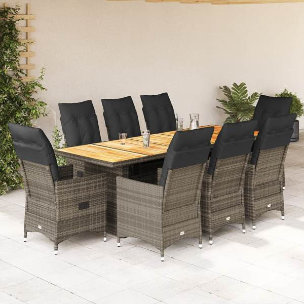 vidaXL 9-tlg. Garten-Bistro-Set mit Kissen Grau Poly Rattan, UV-beständig, 3277237