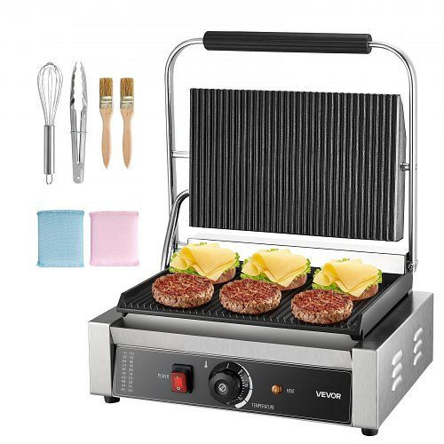 VEVOR kommerzieller Panini-Grill 2200 W Edelstahl, 34x23 cm Heizplatte, mit Griff & Temperaturregelung, DYYBDBL3200WTEE0Z002V2
