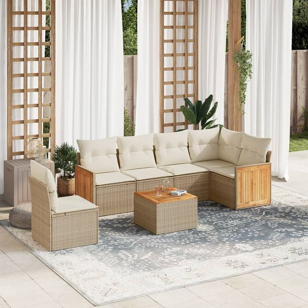 vidaXL 7-tlg. Garten-Sofagarnitur mit Kissen Beige Poly Rattan, 3227703