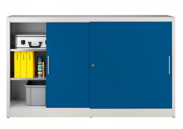 mauser Schiebetürenschrank joe star mit Vollblechtüren, Fachbodenlast 75 kg, 1215x2000x500 mm, Enzianblau, Lichtgrau, WSG3-5-20 - 7035/5010
