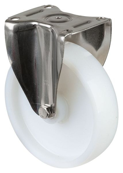 BS Rollen Edelstahl-Schwerlastrolle Bockrolle, Edelstahl, Kunststoffrad, Gleitlager, Anschraubplatte 200 mm, Tragfähigkeit 450 kg, HS110.A90.201