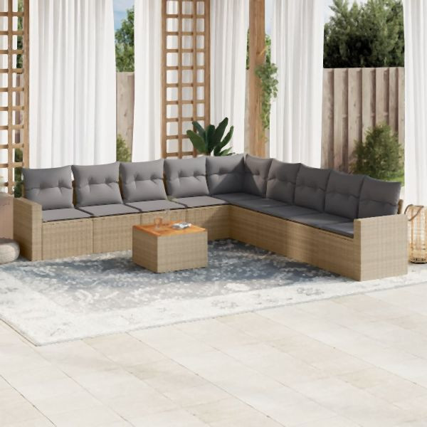 vidaXL 10-tlg. Garten-Sofagarnitur mit Kissen Beige Poly Rattan, 3256500