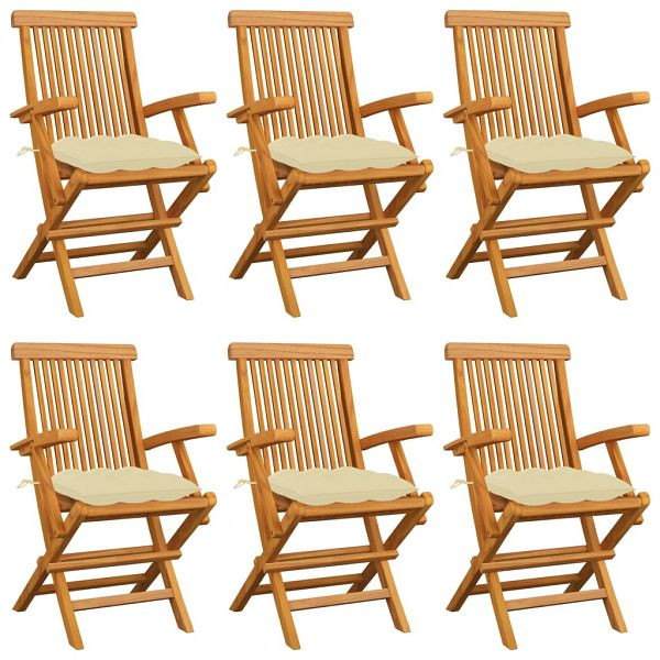 vidaXL Gartenstühle mit Cremeweißen Kissen 6 Stück Massivholz Teak, 3062558