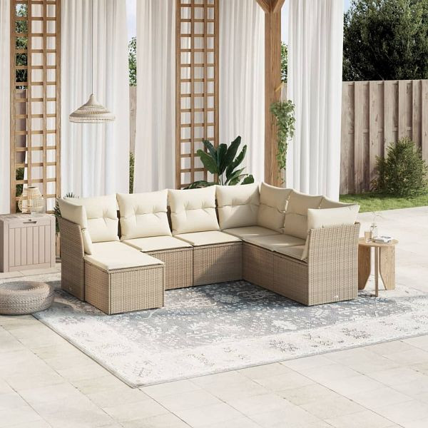 vidaXL 7-teilig Garten-Sofagarnitur mit Kissen Beige Poly Rattan, 3263214