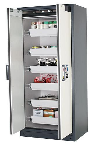 asecos Feuerbeständiger Gefahrstoffschrank Select W-96, 6 Auszugswannen, Türen weiß, 201049