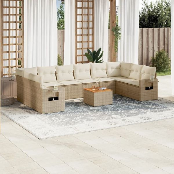 vidaXL 11-tlg. Garten-Sofagarnitur mit Kissen Beige Poly Rattan, 3257066