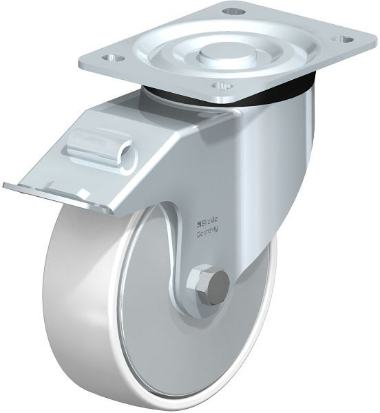 Blickle L-PPN 150G-FI-FA Stahlblech-Lenkrolle, mittelschwere Ausführung, mit Anschraubplatte & Feststeller, Polypropylen, Weiß, 762807