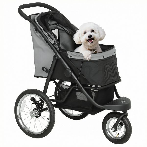 PawHut Hundebuggy, Haustierwagen für kleine Hunde und Katzen, mit Aufbewahrungskorb, Ein-Klick-Faltdesign, Grau, D00-198V00GY