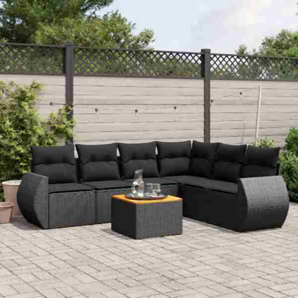 vidaXL 7-tlg. Garten-Sofagarnitur mit Kissen Schwarz Poly Rattan, UV-beständig, 3225019