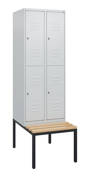 C+P Doppelstöckiger Spind Classic PLUS, 2 Abteile, 1950x600x815mm, 7035/7035, Zylinderschlösser, Buche-Sitzleisten, Sitzbank, 0803505-20 S10039