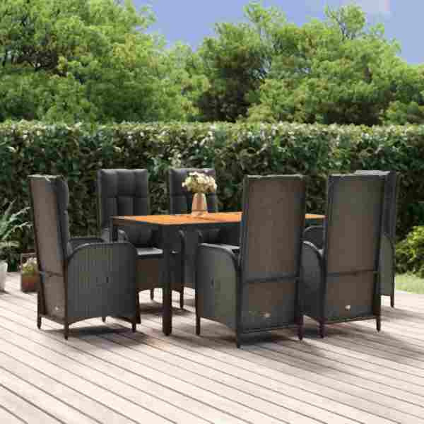 vidaXL 7-tlg. Garten-Essgruppe mit Kissen Schwarz Poly Rattan, 3185081