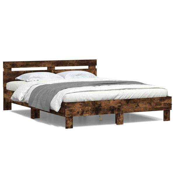 vidaXL Bettgestell mit Kopfteil LED-Beleuchtung Räuchereiche 140x190cm, 3207564