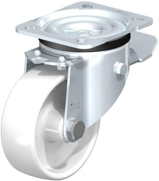 Blickle LK-PO 100G-1-ST Stahlblech-Lenkrolle, schwere Ausführung, mit Anschraubplatte & Feststeller, Polyamid, Weiß, 252015