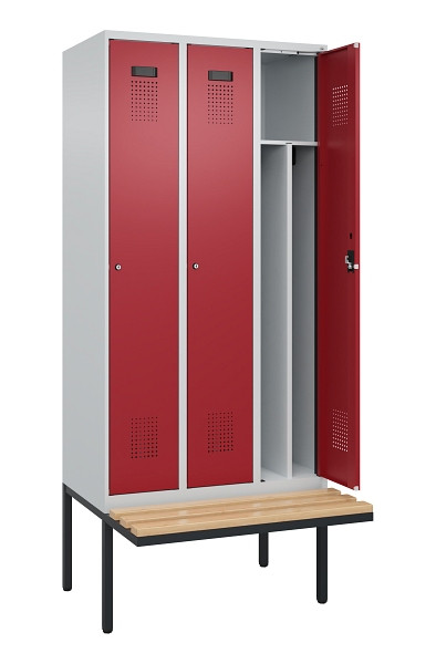 C+P Spind Evolo PLUS, 3 Abteile, 2120x900x815mm, 7035/3003, Haken 4, Zylinderschloss, Sitzfläche Holz, 0490407-30F S10031