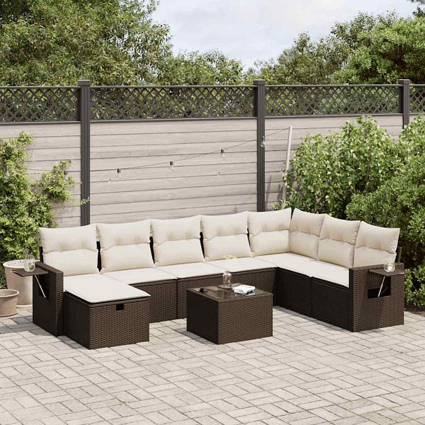 vidaXL 9-tlg. Garten-Sofagarnitur mit Kissen Braun Poly Rattan, 3325549