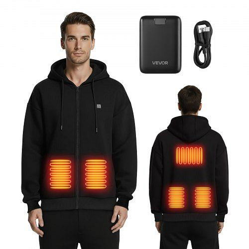 VEVOR Beheizbarer Unisex-Hoodie, Schwarz, XL, mit 7,4 V 16000 mAh Powerbank, 5 Heizzonen, 3 Temp.-Stufen, 4–8 Std. Wärme, JRWYDDLLSZXXDI0W9001V9