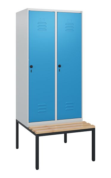 C+P Umkleidespind Classic PLUS, mit untergebauter Sitzbank, 2 Abteile, 1950x800x815mm, 7035/5012, Drehriegel, Buche-Sitzleisten, 0800505-22 S10004