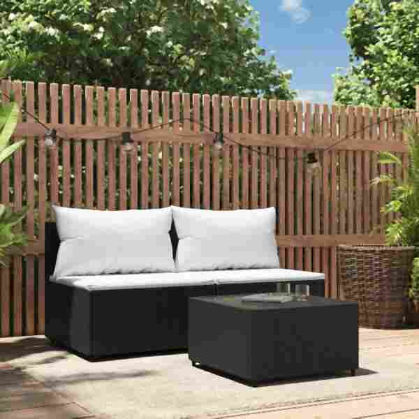 vidaXL 3-tlg. Garten-Lounge-Set mit Kissen Schwarz Poly Rattan, 319739