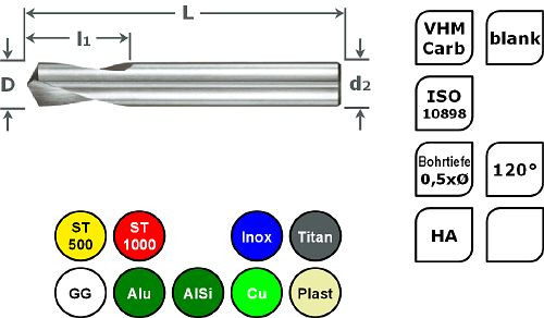 SPPW NC-Anbohrer VHM 120° ISO L: 40x8 - Ø2,0, 6235000200